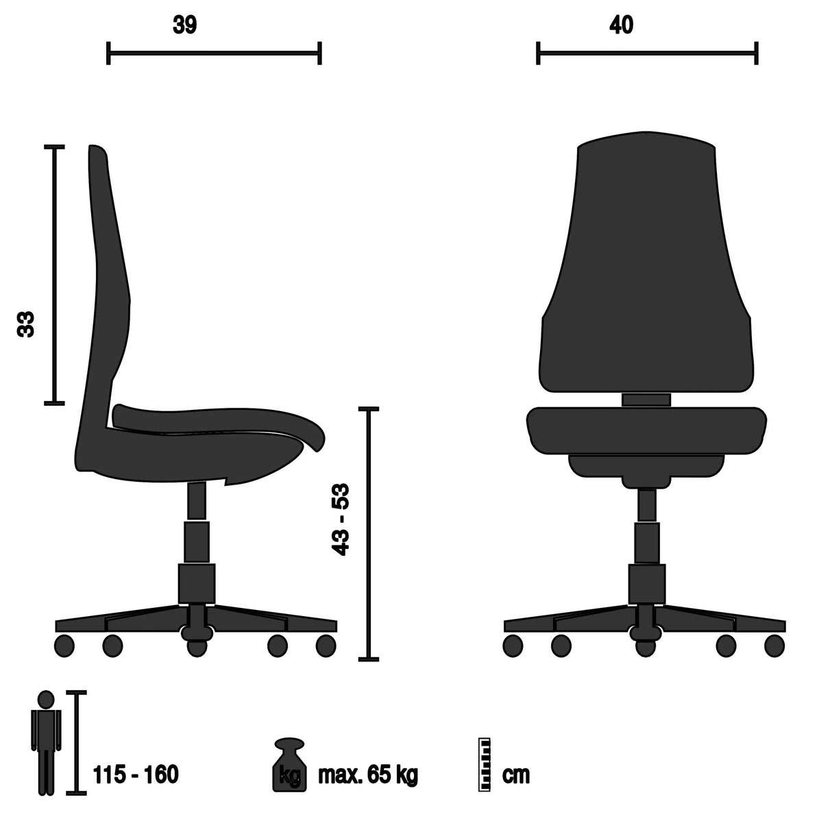 Lasten pyörivä tuoli KID QB tekninen piirustus, leveys 40 cm, valmistaja hjh OFFICE