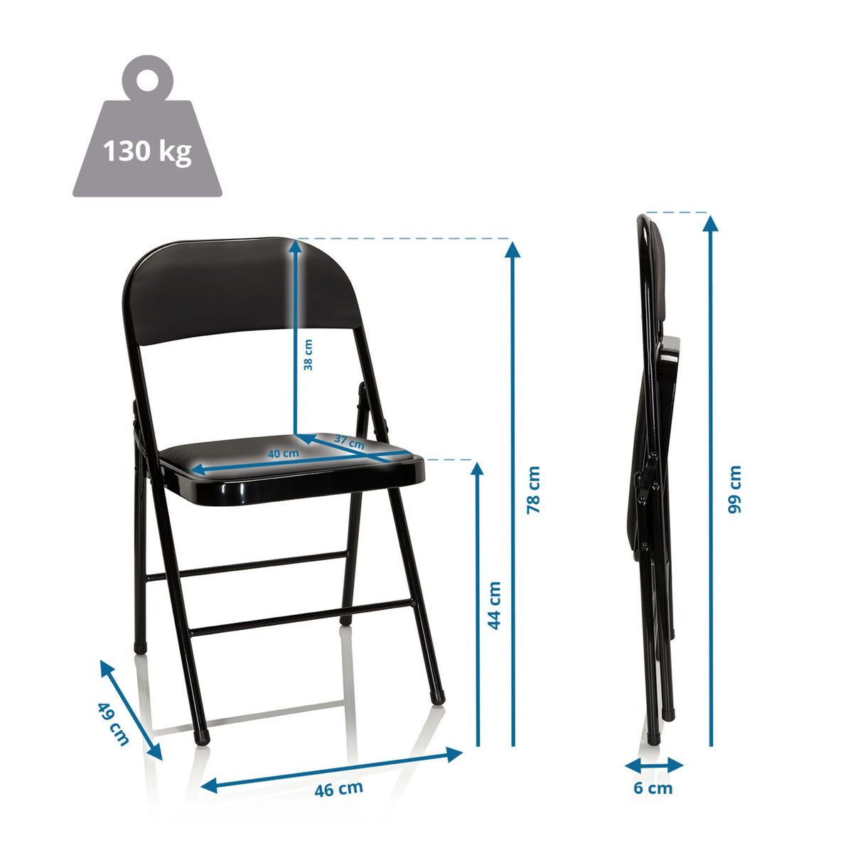 Kokoontaittuva tuoli TUDELA mittojen piirustus, kokonaiskorkeus 78 cm ja kantavuus 130 kg, valmistaja hjh OFFICE
