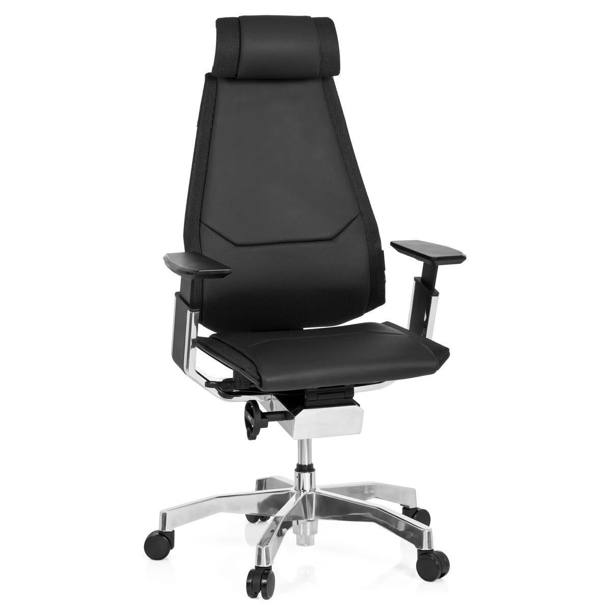 Musta High End -toimistotuoli GENIDIA PRO nahasta käsinojilla ja viisipisteisellä pyöräjalustalla, valmistaja hjh OFFICE – 360 asteen näkymä (etunäkymä 20°)