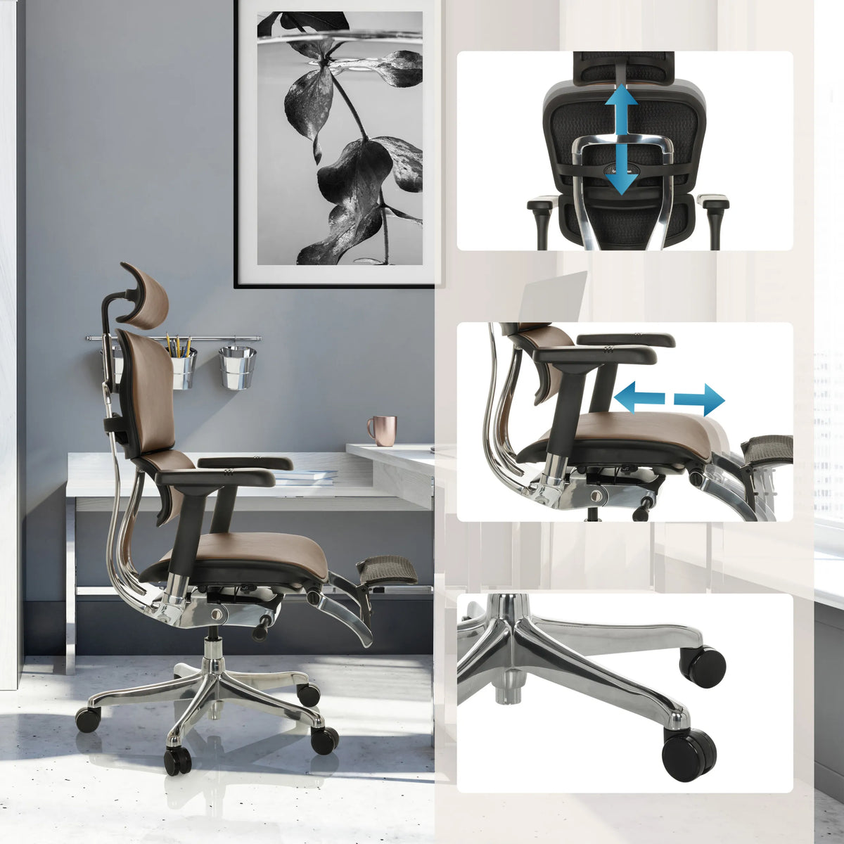 Luksustoimistotuoli ERGOHUMAN PLUS LEGPRO GEN2-tuolin säädettävä niskatuki ja käsinojat, väri ruskea, valmistaja hjh OFFICE