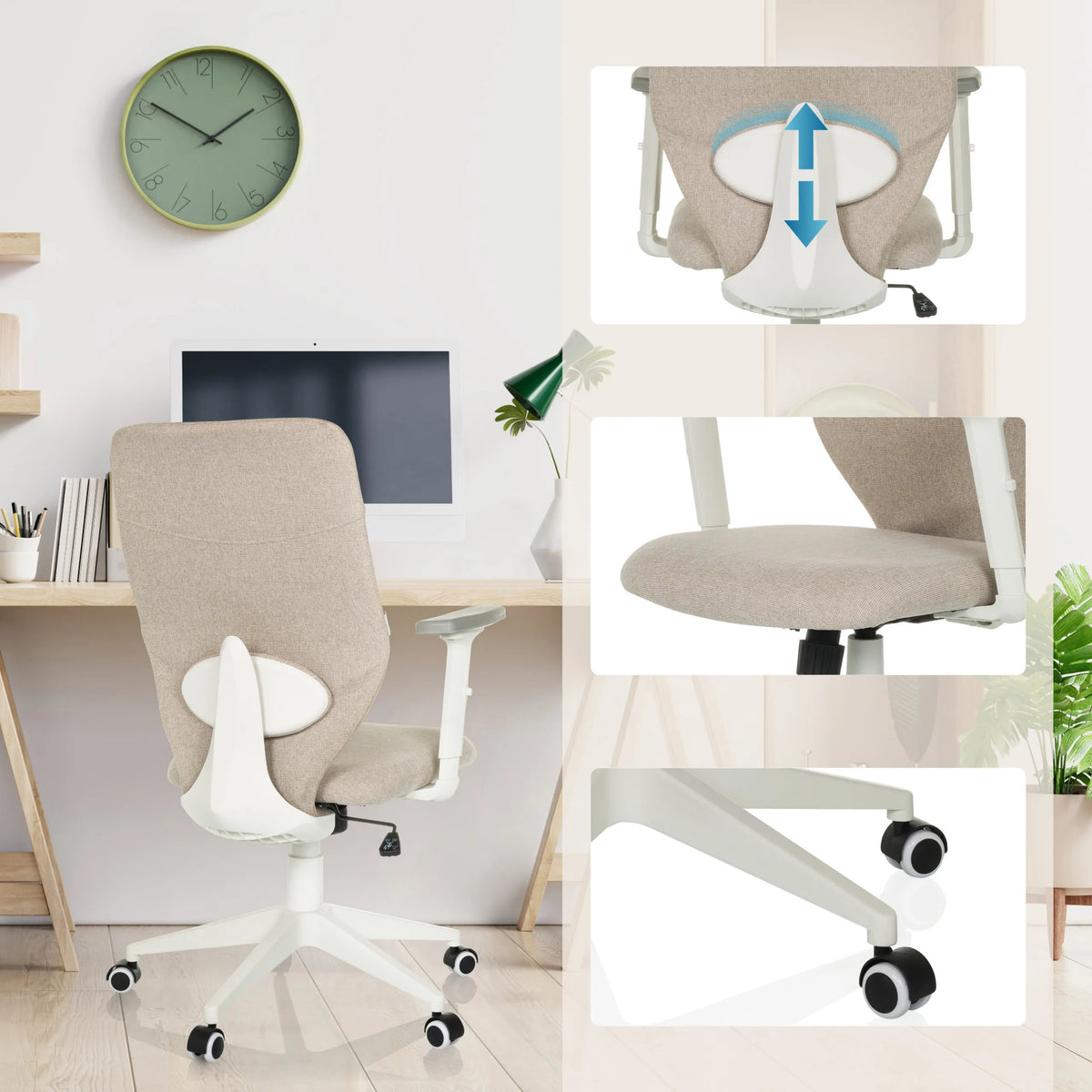 Home Office -toimistotuoli COSIO II beige, säädettävä istuinkorkeus, istuin ja pyörillä varustettu jalkaristi, valmistaja hjh OFFICE