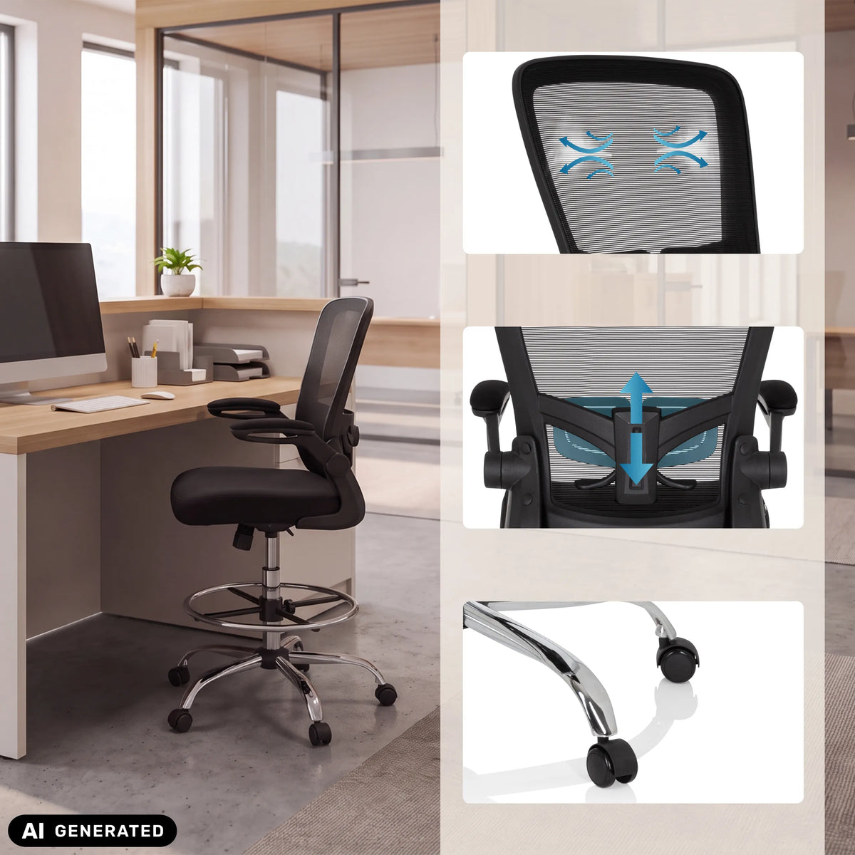 Korkea työtuoli VENDO WORK mustana, yksityiskohdilla selkänojasta ja pyöristä, valmistaja hjh OFFICE (tekoälyllä luotu kuva)