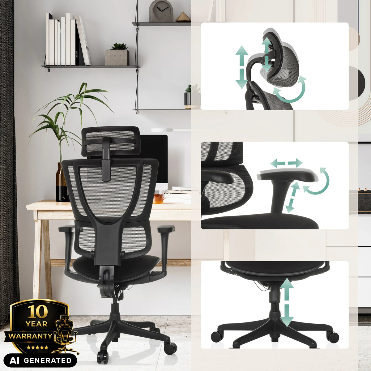 Luksustoimistotuoli ERGOHUMAN SLIM ECO F GEN2 säädettävällä niskatuella ja käsinojilla, valmistaja hjh OFFICE (tekoälyllä luotu kuva)