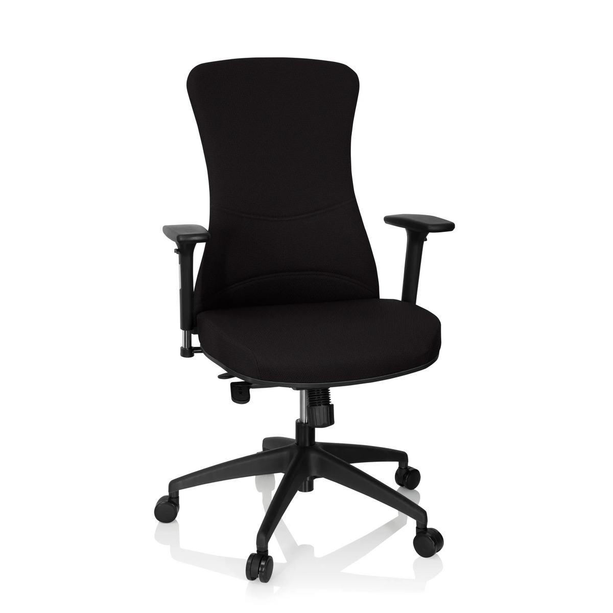 Musta Ammattitason toimistotuoli OFFICE XT PRO käsinojilla ja viisipisteisellä rulla-alustalla, valmistaja hjh OFFICE – 360 asteen näkymä (etunäkymä 20°)
