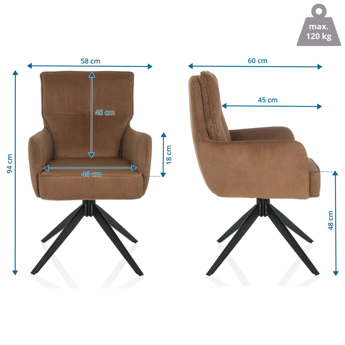 Pehmustettu tuoli TARUGO mittamallikuva, korkeus 94 cm ja leveys 58 cm, valmistaja hjh LIVING