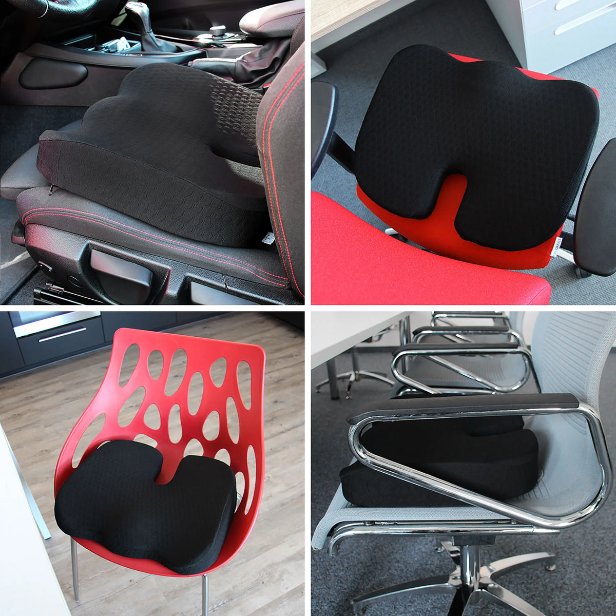 Musta Istuintyyny MEDISIT II eri käyttökohteissa, kuten autossa ja toimistossa, valmistaja hjh OFFICE