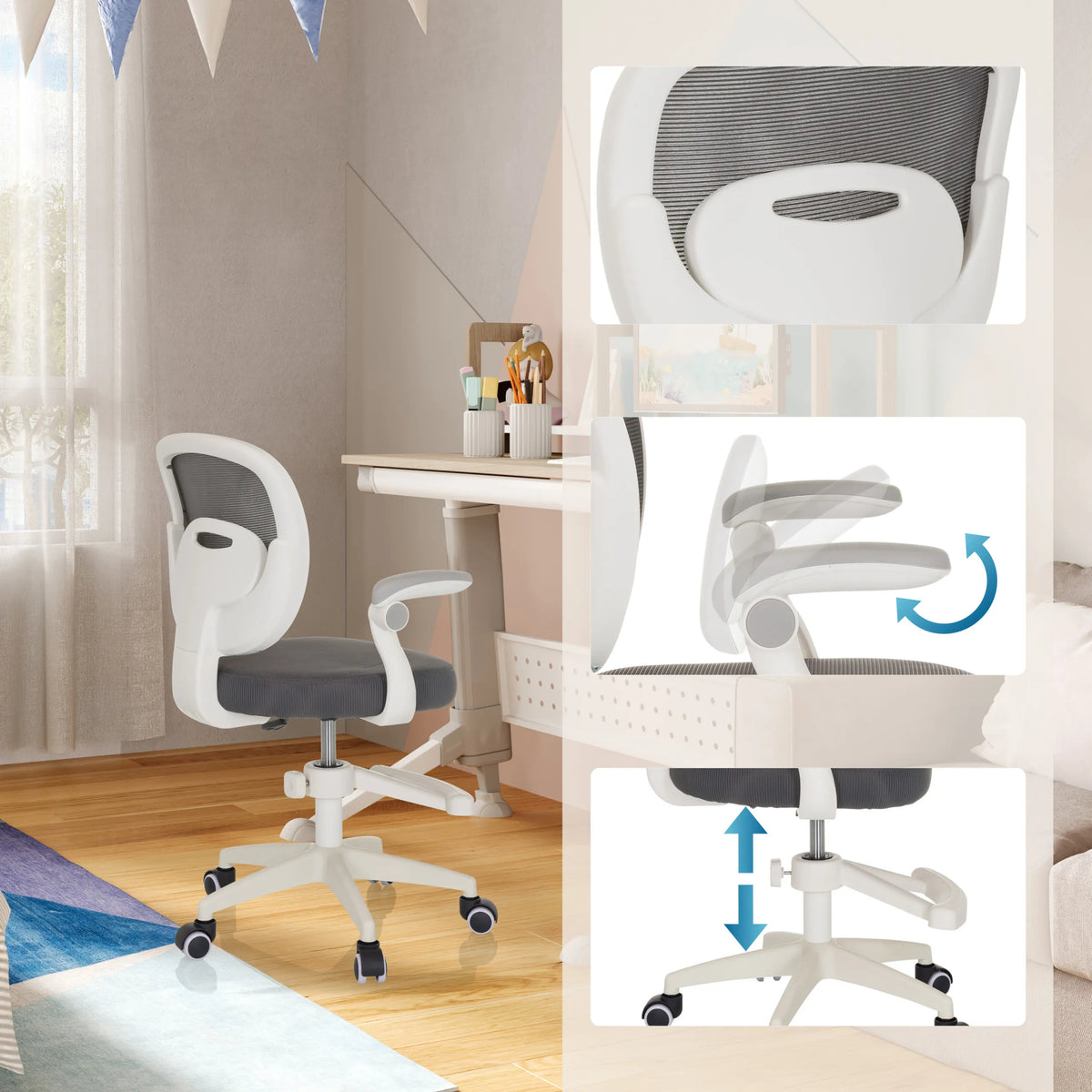 Verstellbare Armlehnen und Gasfeder des Kinderdrehstuhls KIDDY SMART in Grau von hjh OFFICE