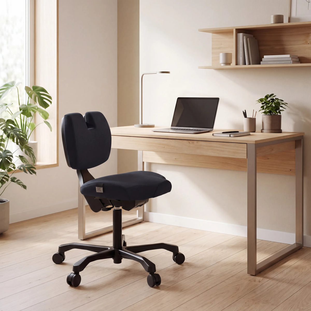 Musta EvoShift -polvituoli vaalean puisen työpöydän ääressä, valmistaja hjh OFFICE