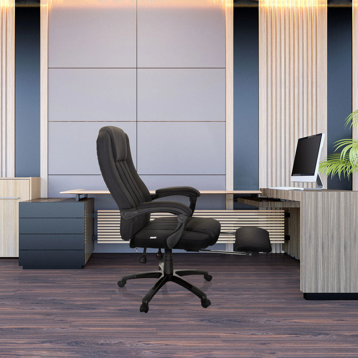 Musta Home Office -toimistotuoli RELAX CL190 käsinojilla ja jalkatukella, valmistaja MyBuero