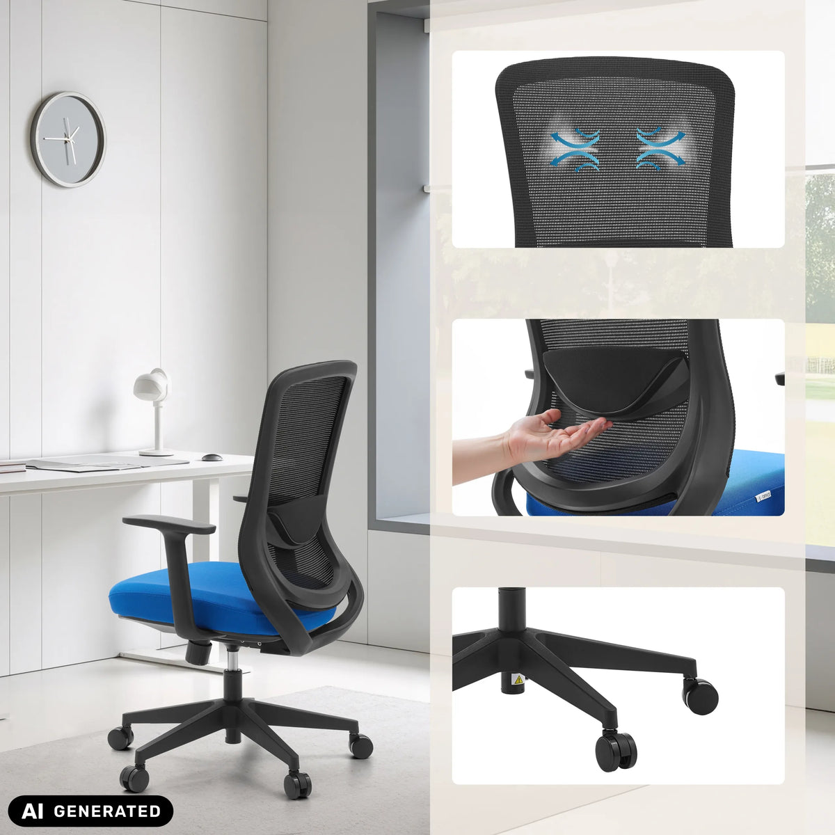 Home Office -toimistotuoli Sedito musta-sinisenä, ristiseläntuella ja valkoisella pyöräjalustalla, valmistaja hjh OFFICE (tekoälyllä luotu kuva)