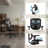 Ammattitason toimistotuoli ENJOY ULTRA GEN2, jossa on säädettävä niskatuki ja käsinojat, valmistaja hjh OFFICE (tekoälyllä luotu kuva)