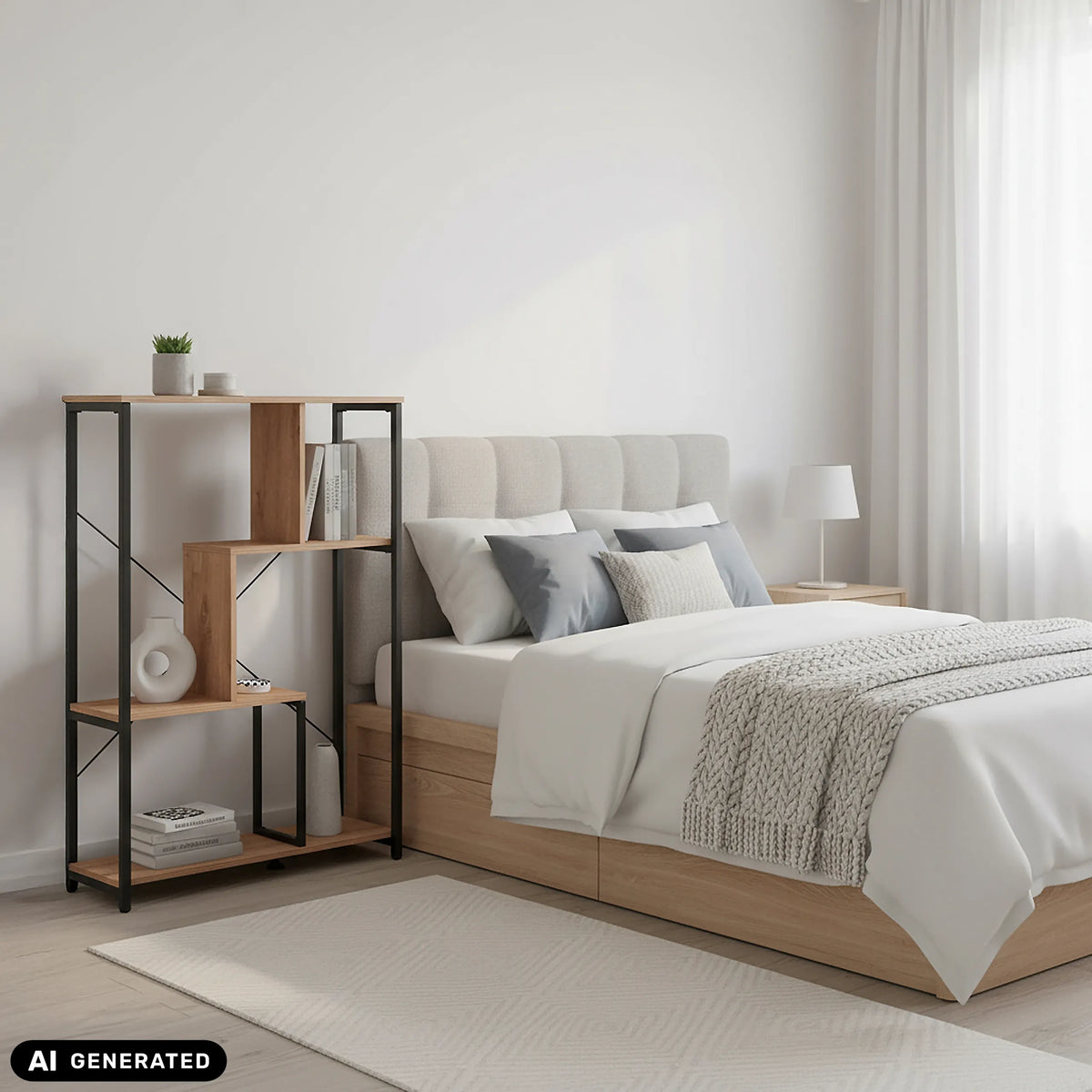 Kalag Eco-hylly mustana ja tammenvärisenä sängyn vieressä, valmistaja hjh LIVING (tekoälyllä luotu kuva)