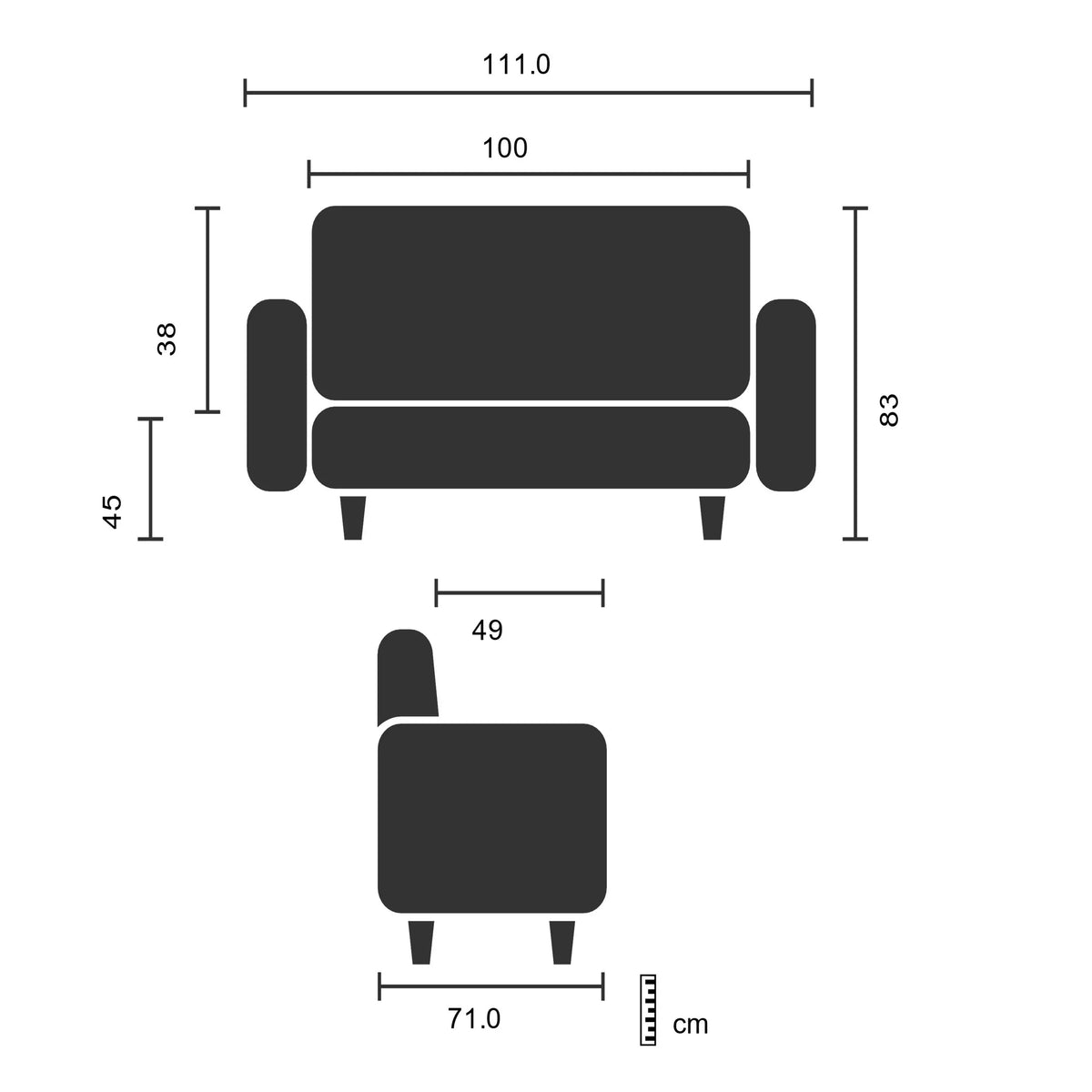 Leposohva ARUBA BLACK tekninen piirustus, kokonaisleveys 111 cm, valmistaja hjh OFFICE