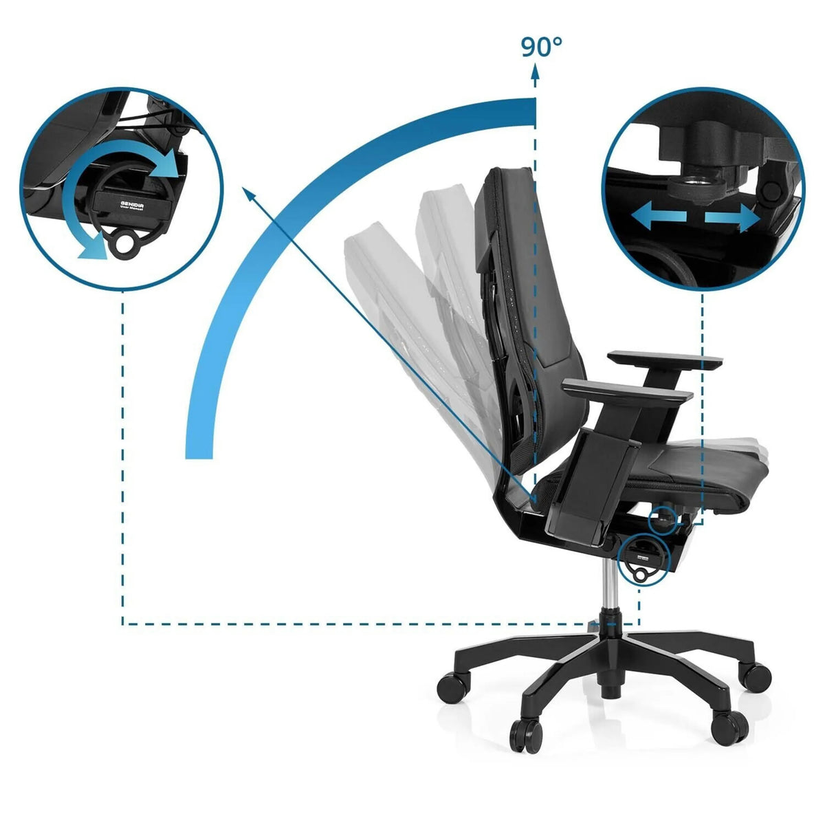 High End -toimistotuoli GENIDIA BLACK-tuolin säädettävä selkänoja 90 asteen asennossa, valmistaja hjh OFFICE