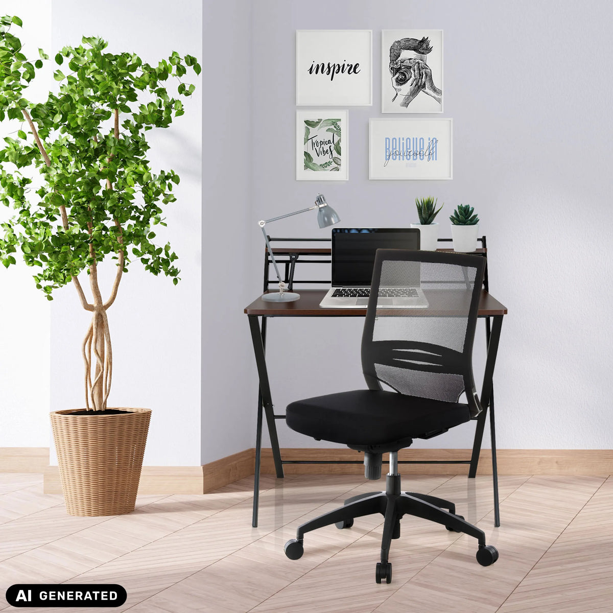 Musta ammattitason toimistotuoli PORTO PRO verkkoselkänojalla työpöydän ääressä, valmistaja hjh OFFICE (tekoälyllä luotu kuva)