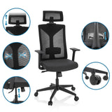 Musta Ammattitason toimistotuoli KODIAK, jossa on säädettävä niskatuki, ristiselkätuki ja pyörät, valmistaja hjh OFFICE