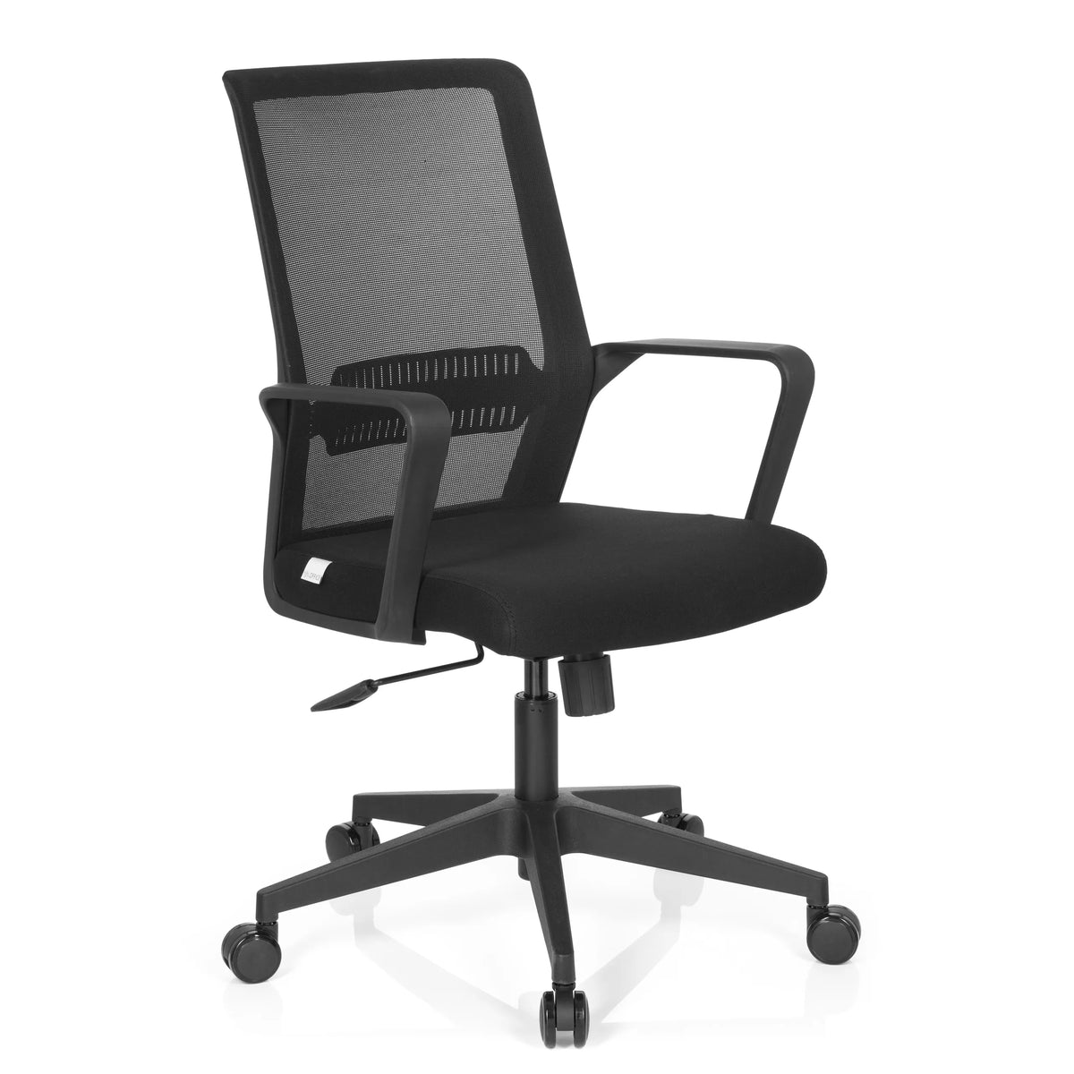 Musta Home Office -toimistotuoli PRESTON verkkoselkänojalla ja viisijalkaisella pyörätuella, valmistaja hjh OFFICE – 360 asteen näkymä (etuviistonäkymä 40°)