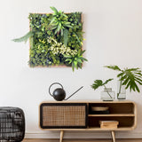 Vihreä kasvimatto LEAFLUXE WALL 1, jossa on erilaisia sammalia ja saniaisia puukehyksessä, valmistaja hjh LIVING
