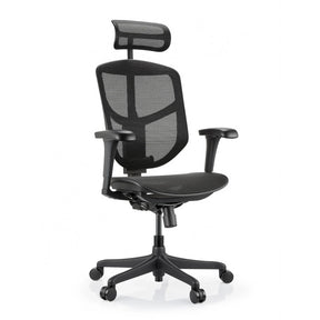 Musta Enjoy Eco MB -toimistotuoli, jossa on verkkoverhoilu, niskatuki ja säädettävät käsinojat, valmistaja hjh OFFICE