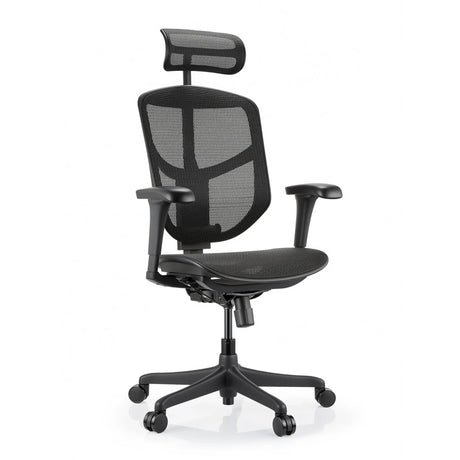 Musta Enjoy Eco MB -toimistotuoli, jossa on verkkoverhoilu, niskatuki ja säädettävät käsinojat, valmistaja hjh OFFICE