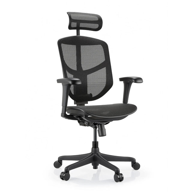 Musta Enjoy Eco MB -toimistotuoli, jossa on verkkoverhoilu, niskatuki ja säädettävät käsinojat, valmistaja hjh OFFICE