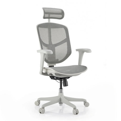 Enjoy Eco MB-toimistotuoli harmaana verkkoverhoilulla, niskatuella ja viidellä pyörällä, valmistaja hjh OFFICE