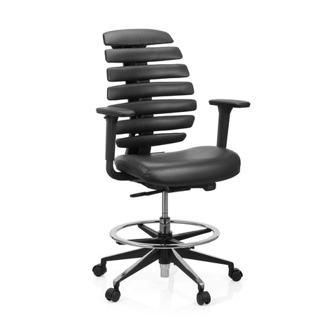 Musta Korkea työtuoli ERGO LINE II WORK keinonahkaverhoilulla, jalkarenkaalla ja pyörillä, valmistaja hjh OFFICE