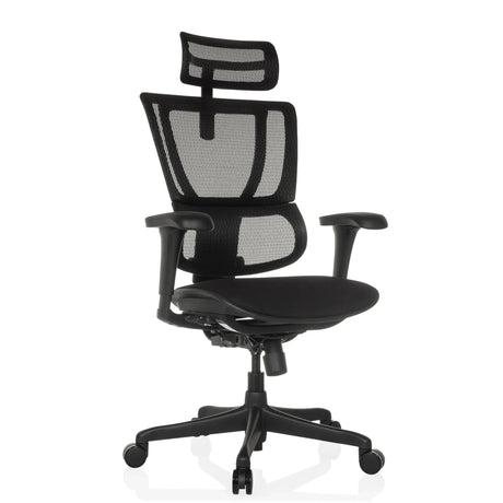 Luksustoimistotuoli ERGOHUMAN SLIM ECO F GEN2, jossa on musta verkkoverhoilu, niskatuki ja käsinojat, valmistaja hjh OFFICE