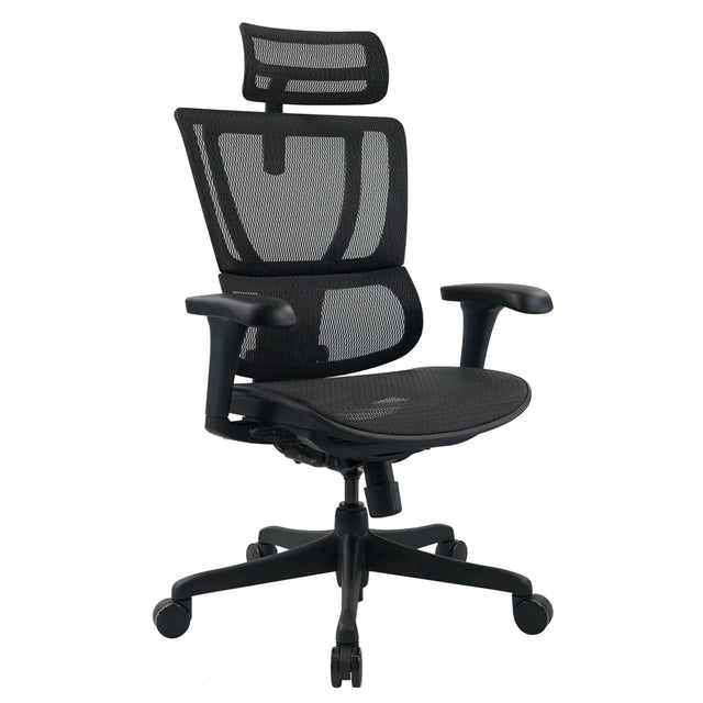 Luksustoimistotuoli ERGOHUMAN SLIM ECO M GEN2, jossa on musta verkkoverhoilu ja säädettävä niskatuki, valmistaja hjh OFFICE