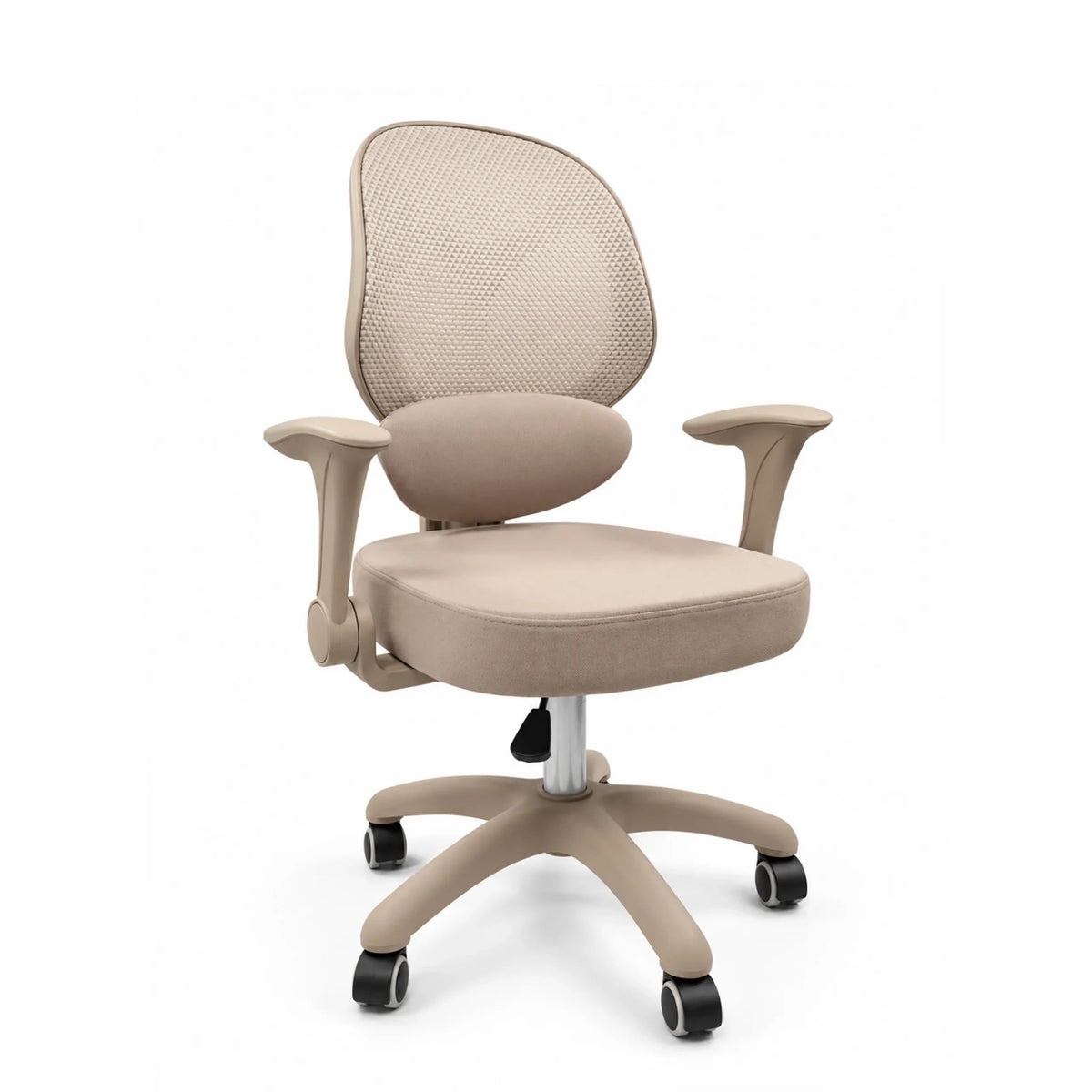Beige Ergomy Kid lasten pyörivä tuoli, jossa on verkkoselkänoja, käsinojat ja viisipuolainen ristikko pyörillä, valmistaja hjh OFFICE