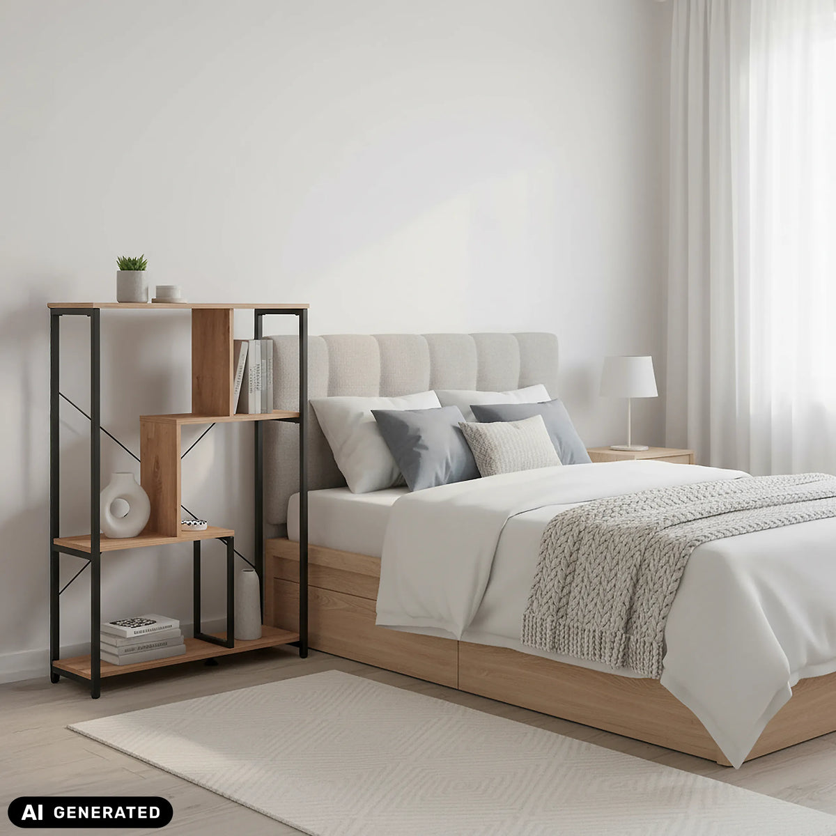 Kalag Eco-hylly mustana ja tammenvärisenä sängyn vieressä, valmistaja hjh LIVING (tekoälyllä luotu kuva)
