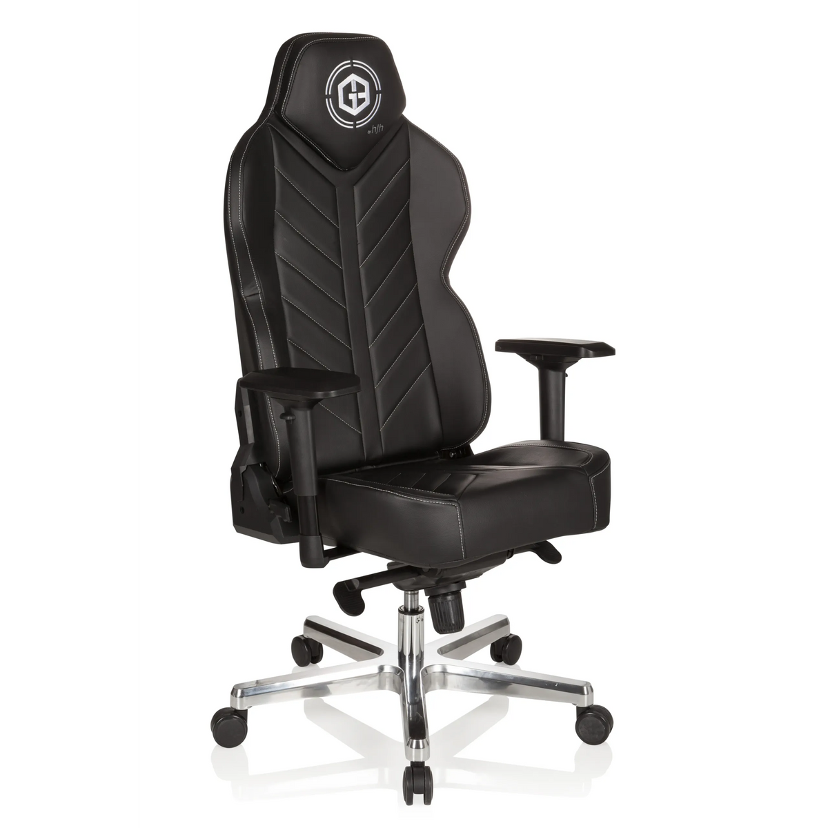 Musta Pelituoli GAMEBREAKER COLOSSUS käsinojilla ja kiiltävällä viisipyöräisellä jalustalla, valmistaja hjh OFFICE – 360 asteen näkymä (etuviistonäkymä 40°)