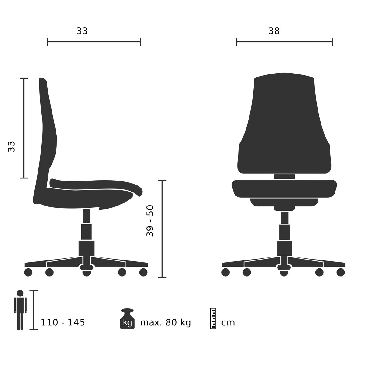 Lasten pyörivä tuoli KIDDY BASE I tekninen piirustus, leveys 38 cm, valmistaja hjh OFFICE