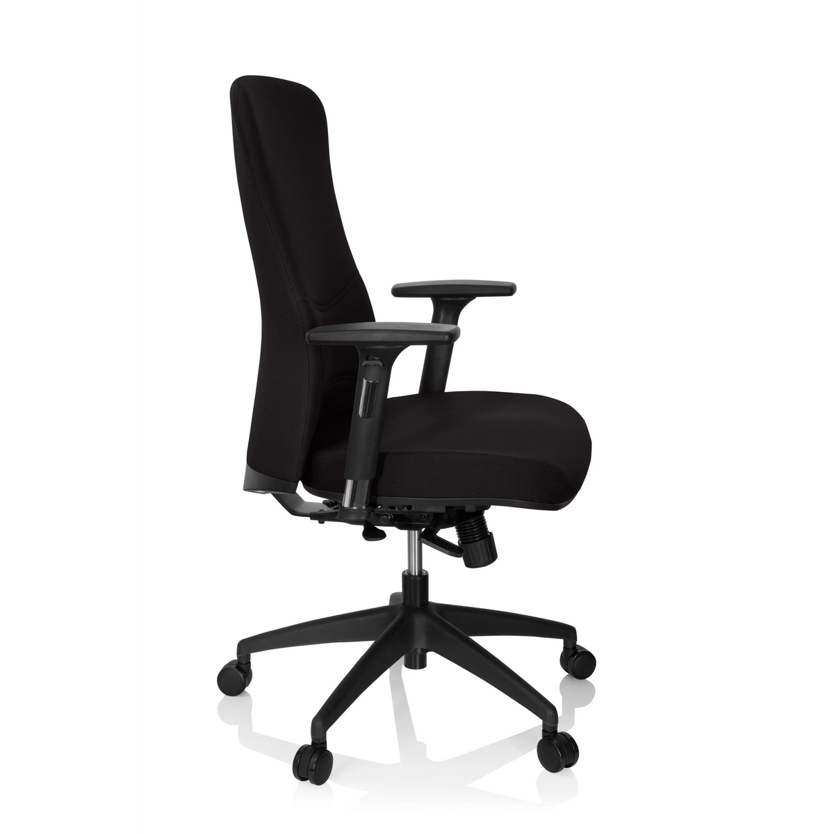 Musta Ammattitason toimistotuoli OFFICE XT PRO käsinojilla ja viisipisteisellä rulla-alustalla, valmistaja hjh OFFICE – 360 asteen näkymä (sivuprofiili 80°)