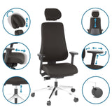 Ammattitason toimistotuoli PRO-TEC 400 mustana eri säädettävyyksillä, valmistaja hjh OFFICE