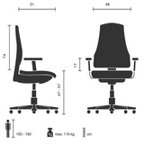 Home Office -toimistotuolin SARANTO PLUS tekninen piirustus, leveys 48 cm, valmistaja hjh OFFICE