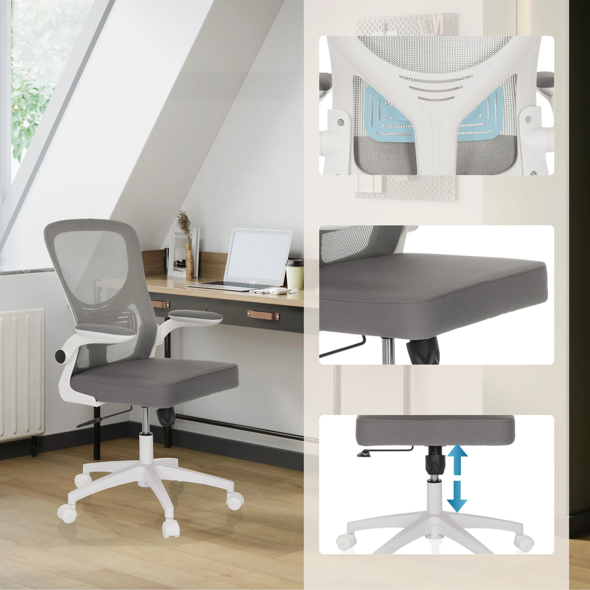 Home Office -toimistotuoli BELIO W harmaana verkkoselkätuella, harmaalla istuimella ja säädettävällä kaasunostimella, valmistaja hjh OFFICE
