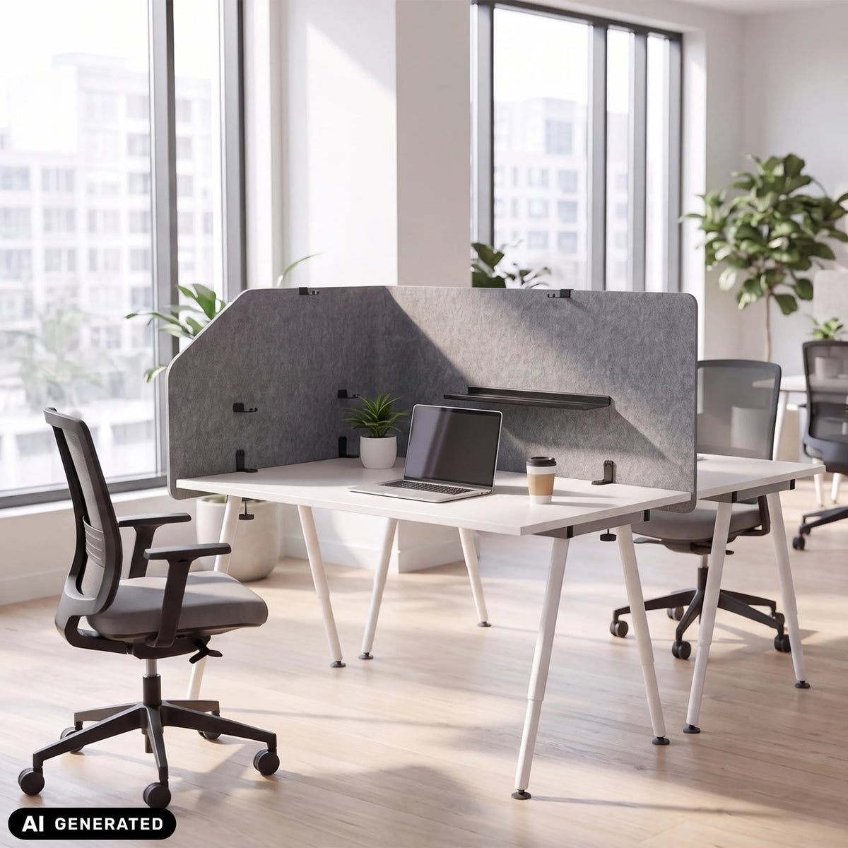 Harmaa työpöydän väliseinä FLEXMIUT T TOP, pituus 160 cm, valkoisella työpöydällä, valmistaja hjh OFFICE (tekoälyllä luotu kuva)