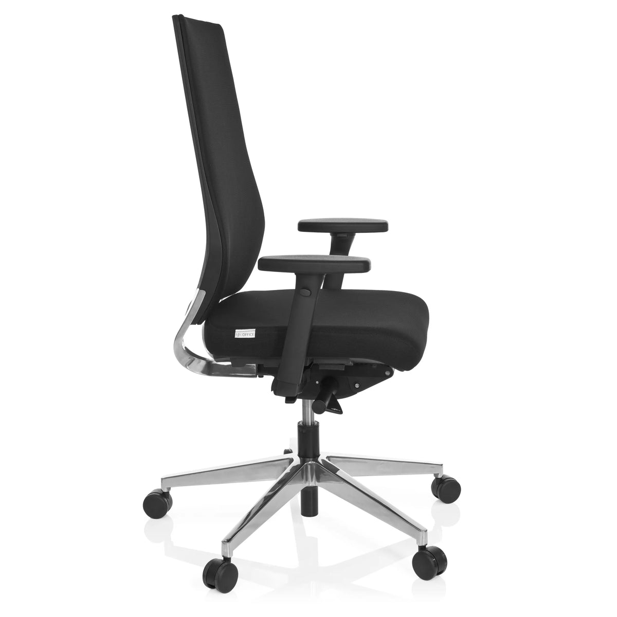 Musta Ammattitason toimistotuoli PRO-TEC 700 käsinojilla ja kiiltävällä viisipyöräisellä jalustalla, valmistaja hjh OFFICE – 360 asteen näkymä (sivuprofiili 80°)