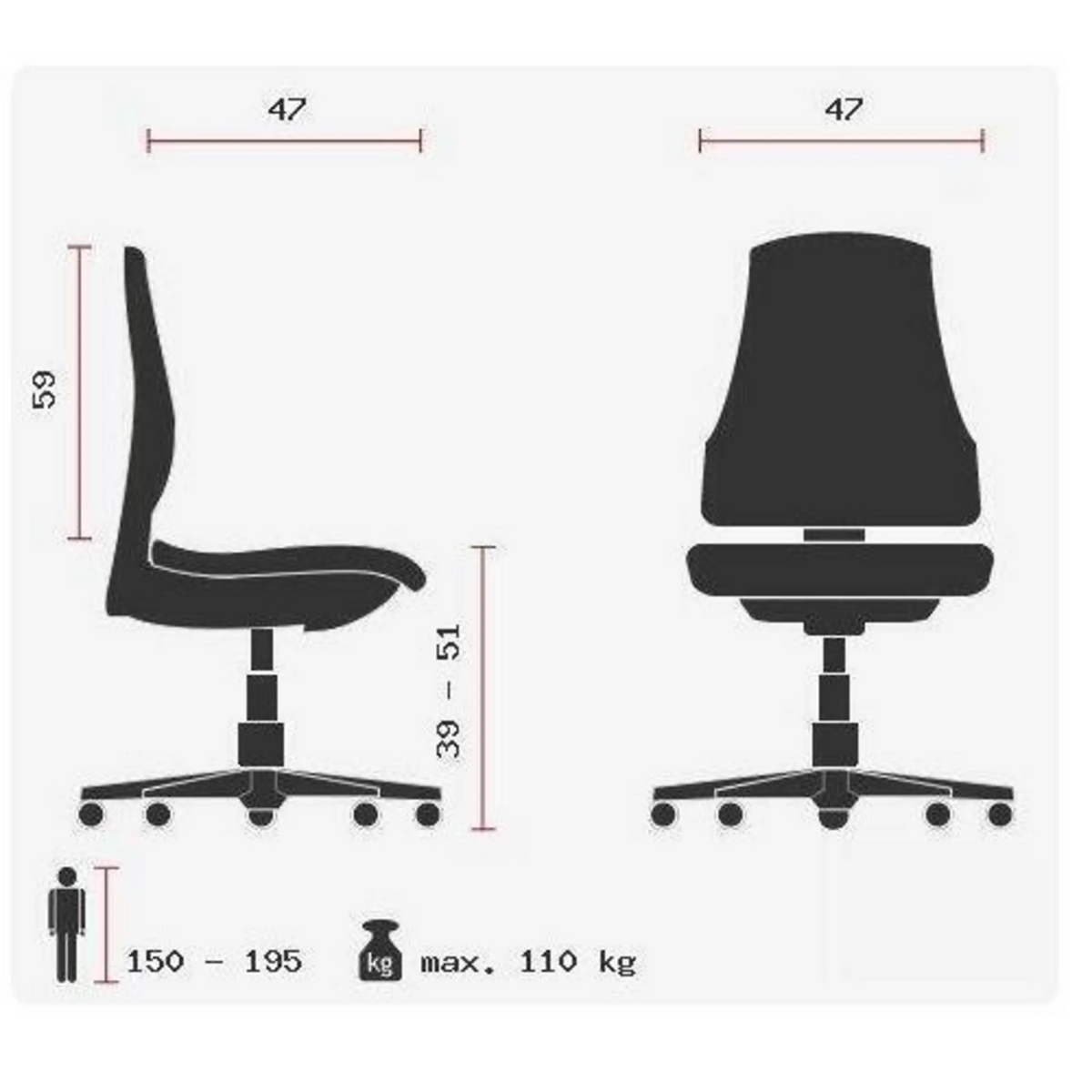 Ammattitason toimistotuoli HJH SOLUTION BASIC tekninen piirustus, istuinkorkeus 39–51 cm, valmistaja Topstar