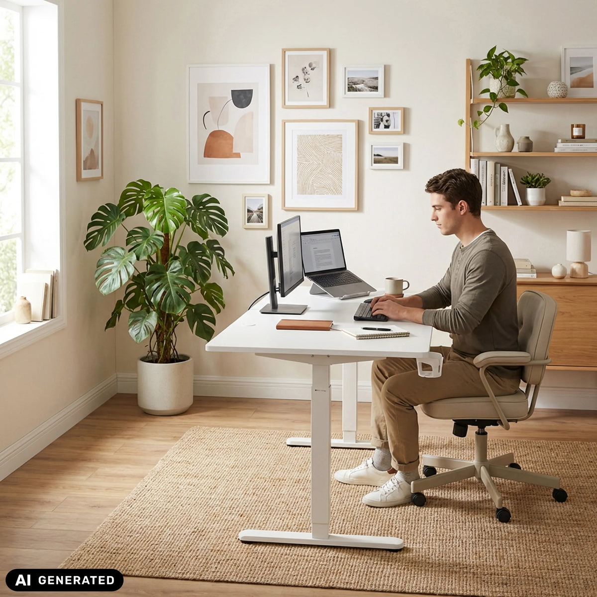 Sähköisesti säädettävä työpöytä Worktime valkoisena näytöllä ja kannettavalla tietokoneella, valmistaja hjh OFFICE (tekoälyllä luotu kuva)