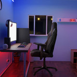 Pelituoli GAMEBREAKER POLARYS I harmaana ja sinisenä työpöydän ääressä monitorin ja näppäimistön kanssa, valmistaja hjh OFFICE