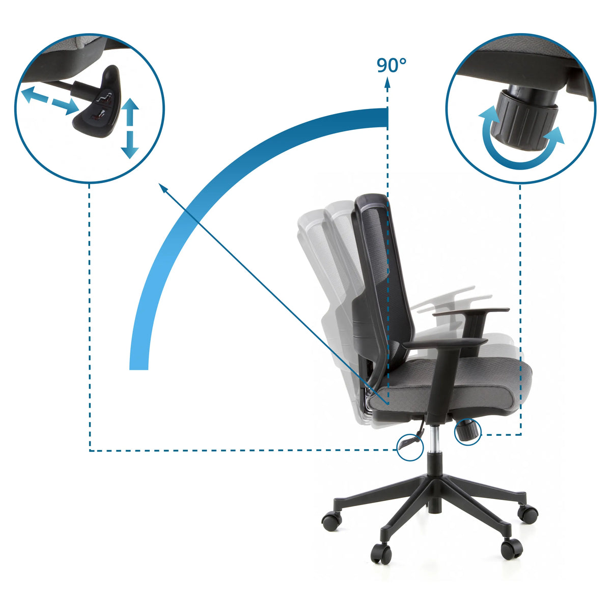 Säädettävä käsinoja ja kallistusmekanismi 90° kallistuksella Ammattitason toimistotuoli LAVITA, valmistaja hjh OFFICE