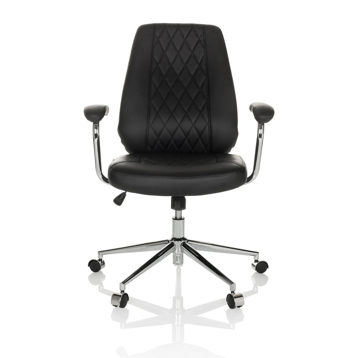 Schwarzer Home-Office-Chefsessel THEO I mit gesteppter Rückenlehne und Fußkreuz mit fünf Rollen von hjh OFFICE – 360-Grad-Ansicht (Frontansicht 0°)