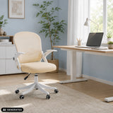 Beige Naluro Home Office -toimistotuoli, jossa on valkoiset käsinojat ja jalusta valoisassa huoneessa, valmistaja hjh OFFICE (tekoälyllä luotu kuva)