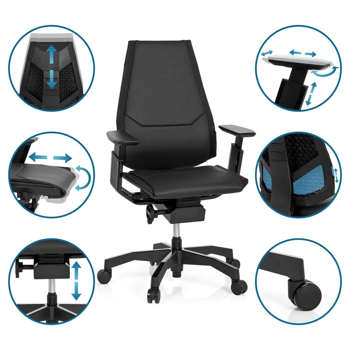 High End -toimistotuoli GENIDIA BLACK mustana eri säätömahdollisuuksilla, valmistaja hjh OFFICE