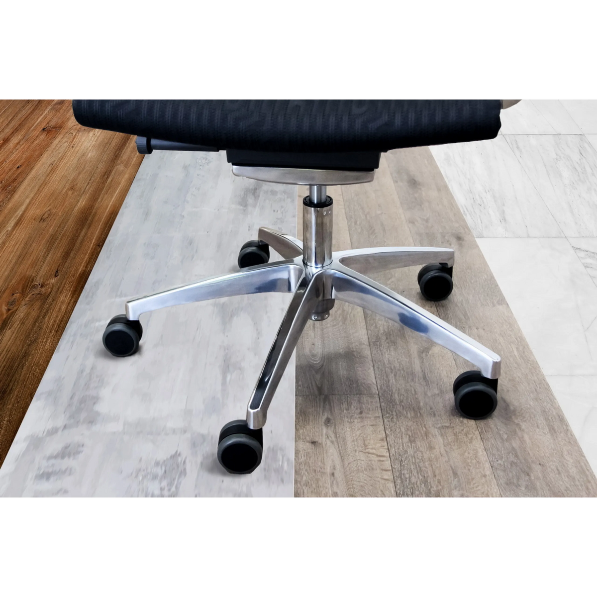 Viisakisarainen jalkaristi ja mustat tuolin rullat 5x ROLO 10mm/65mm kiillotettua metallia puulattialla, valmistaja hjh OFFICE