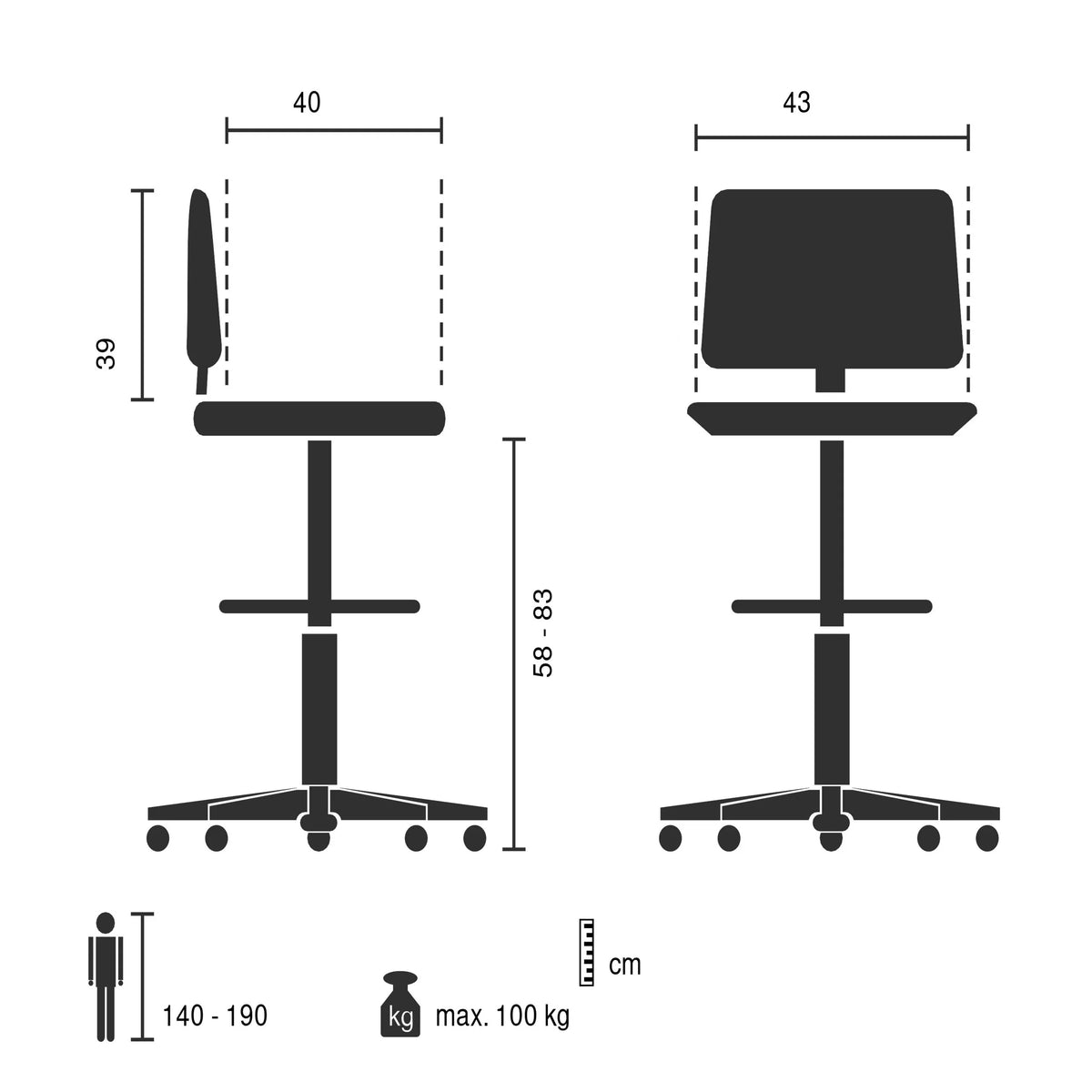 Korkea työtuoli TOP WORK B tekninen piirustus, istuinkorkeus 58-83 cm, valmistaja hjh OFFICE