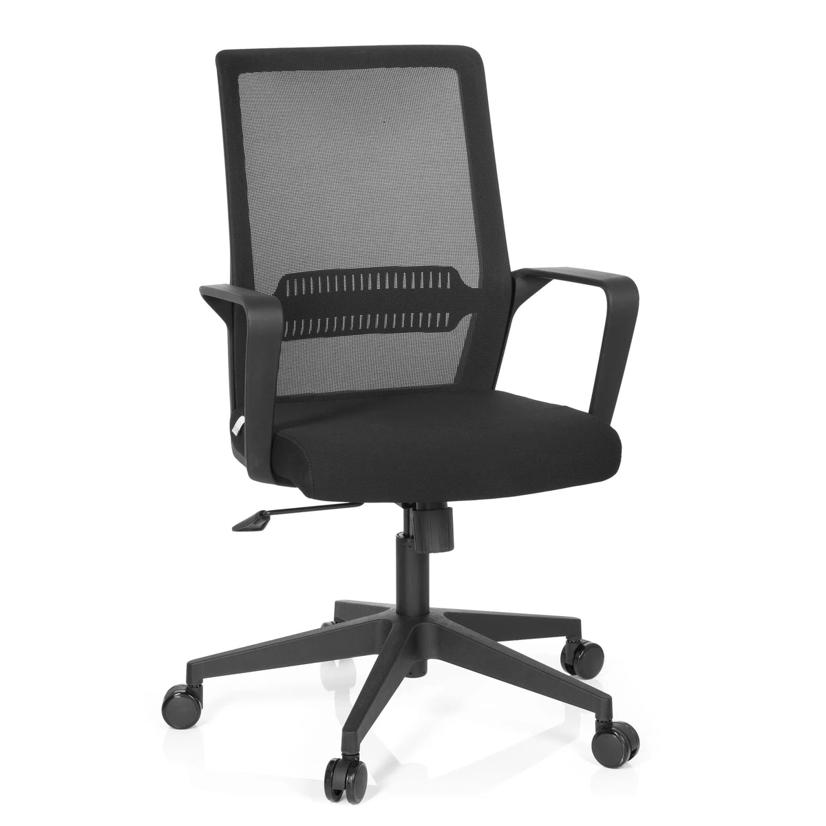 Musta Home Office -toimistotuoli PRESTON verkkoselkänojalla ja viisijalkaisella pyörätuella, valmistaja hjh OFFICE – 360 asteen näkymä (etunäkymä 20°)