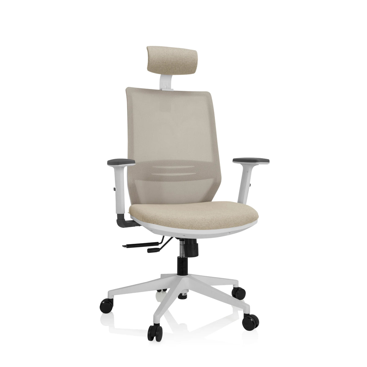 Beige Ammattitason toimistotuoli PROFONDO PRO W verkkoselkänojalla, niskatuella ja valkoisella ristikolla valmistaja hjh OFFICE – 360 asteen näkymä (etunäkymä 20°)